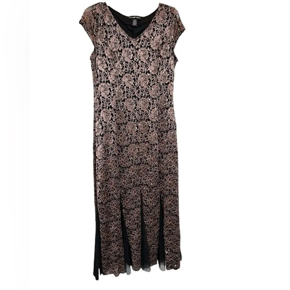 Candalite Petite Black Copper Lace Sequined Romantic Goth Maxi Dress PM